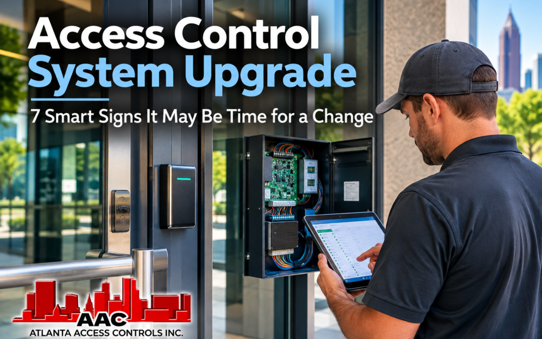 Access Control System Upgrade at a commercial facility with a technician evaluating an electronic door reader and access control panel.