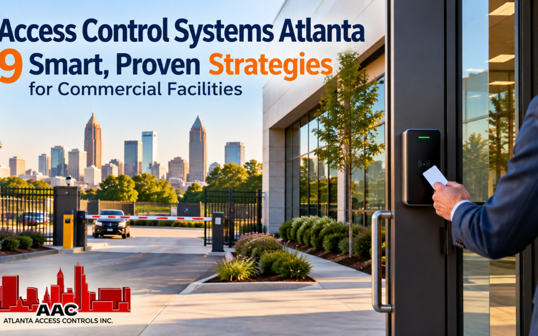 Access Control Systems Atlanta commercial facility with card reader, controlled entrance, vehicle gate, and Atlanta skyline.