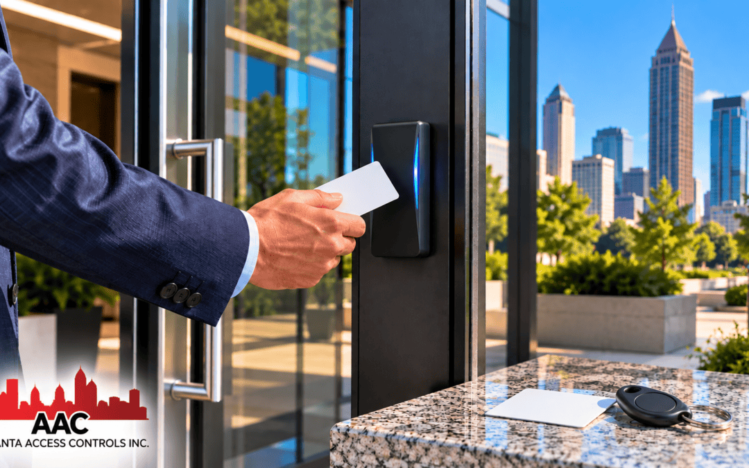 Mobile credentials, access card and key fob shown with a commercial access control reader at an Atlanta business entrance.