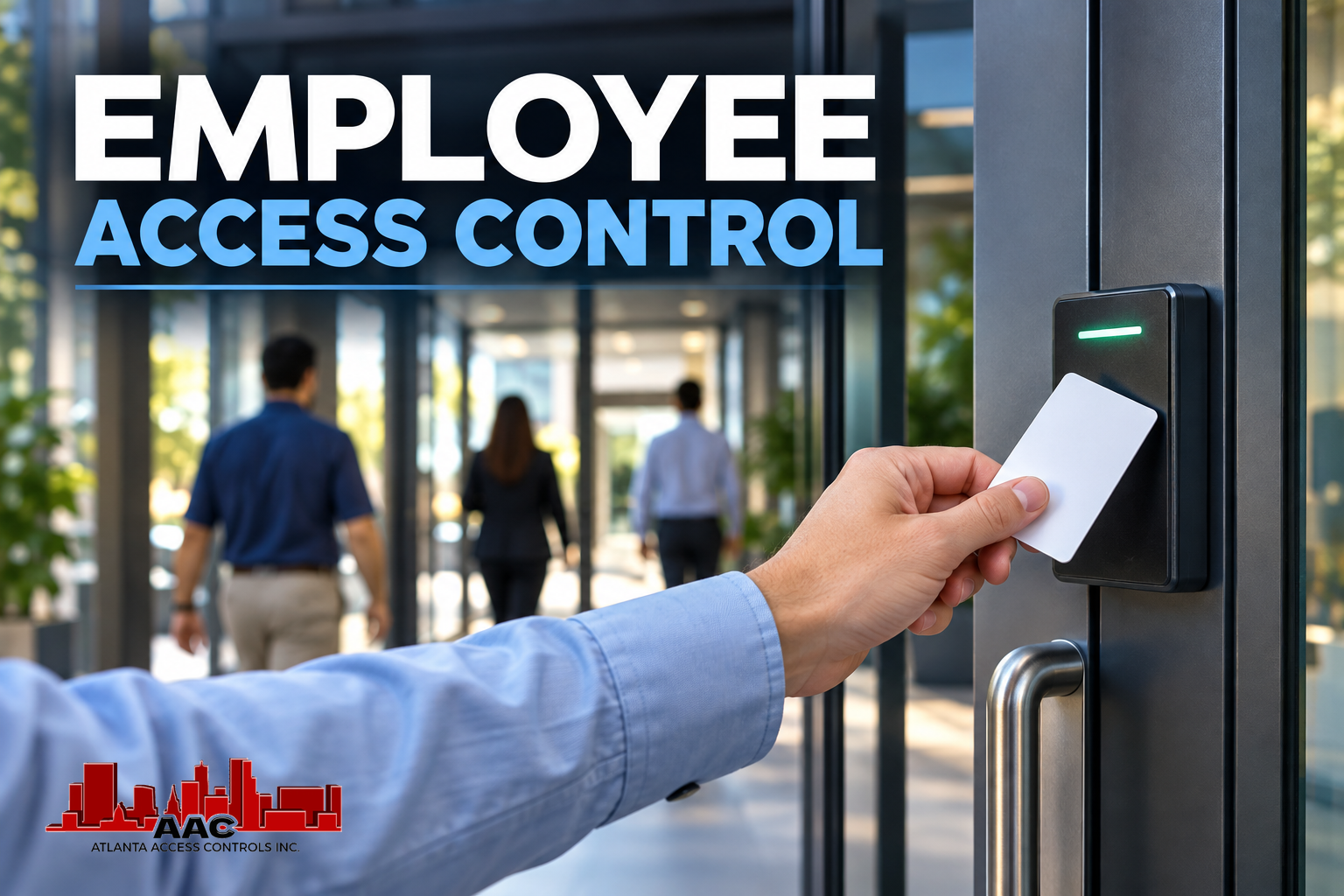 Employee presenting an access card to a commercial door reader