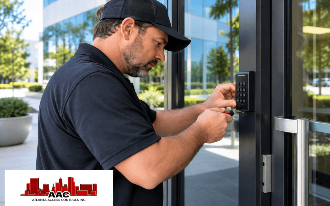 Warehouse access control at an Atlanta facility with a technician servicing the electronic reader at a controlled employee entrance.