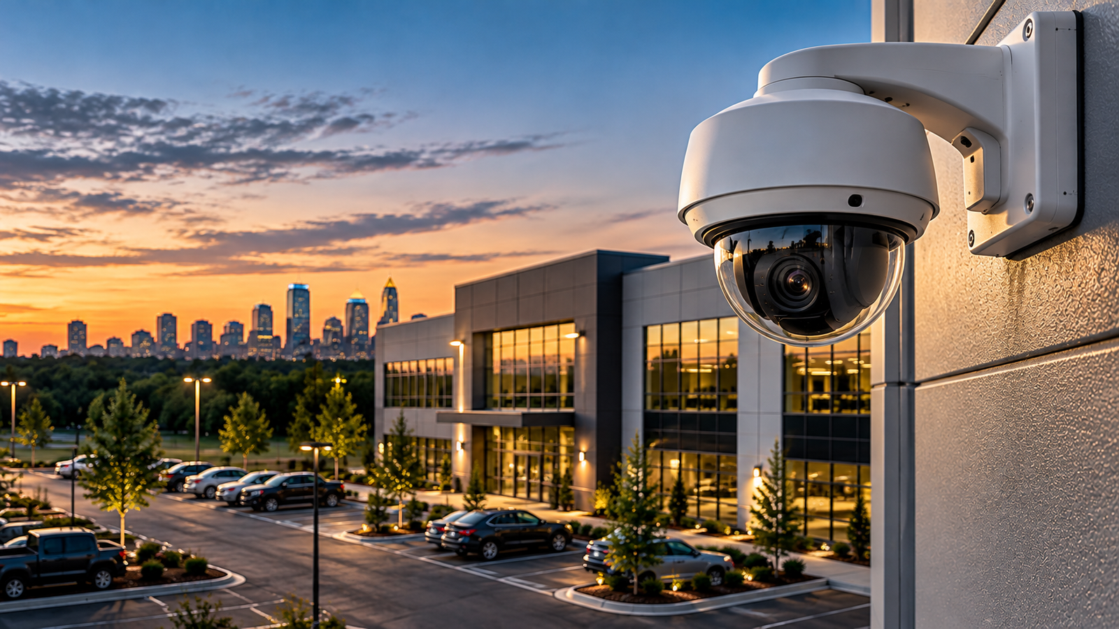 Commercial video surveillance camera overlooking a modern office building and parking lot