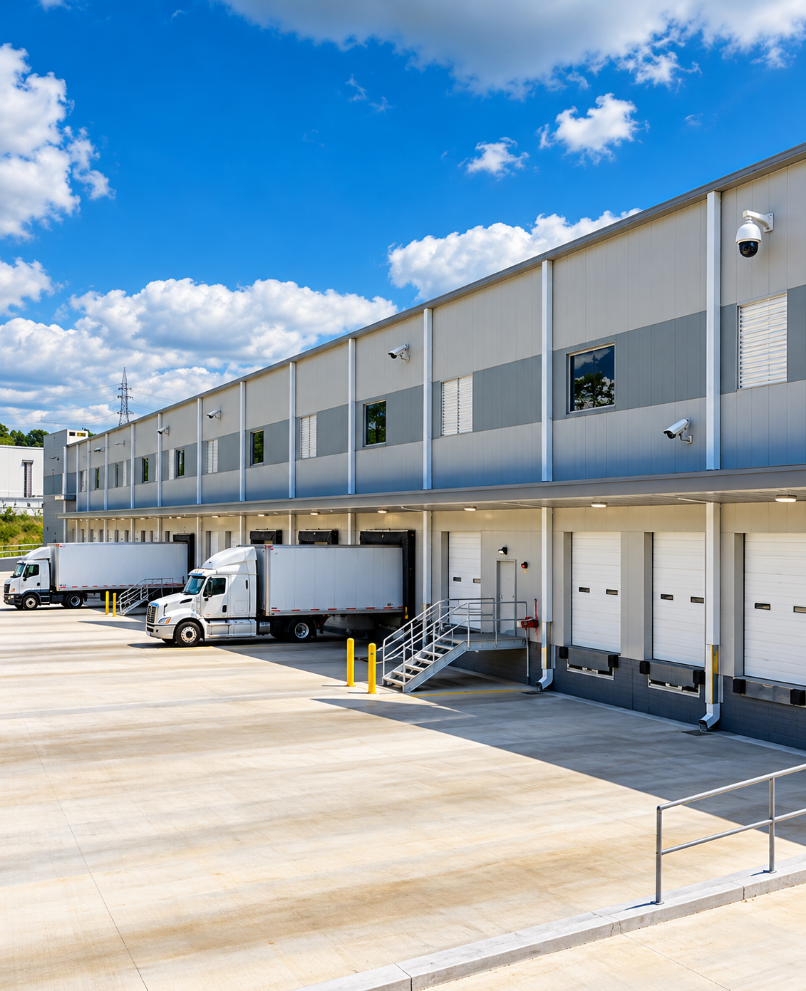 Commercial security cameras overlooking warehouse loading docks and delivery trucks